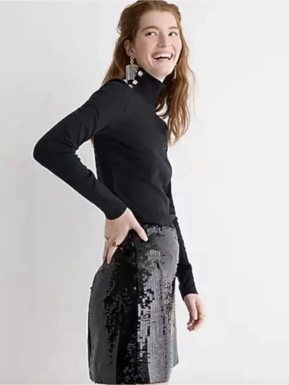 J. Crew Perfect Fit Turtleneck With Rhinestone Shoulder Buttons Black Small